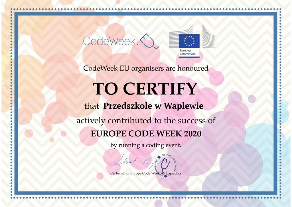 Certyfikat dla przedszkola za udział w Europe Code Week 2020