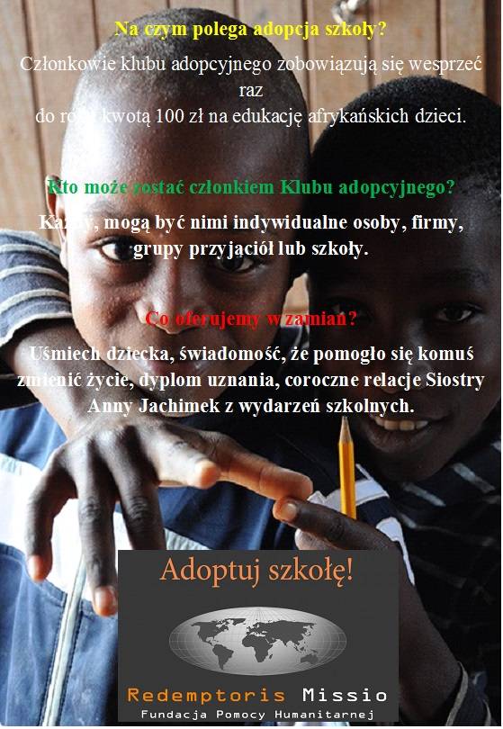 Baner fundacji Redemptoriss Misjo promujący akcję "Adopcja afrykańskiej szkoły"