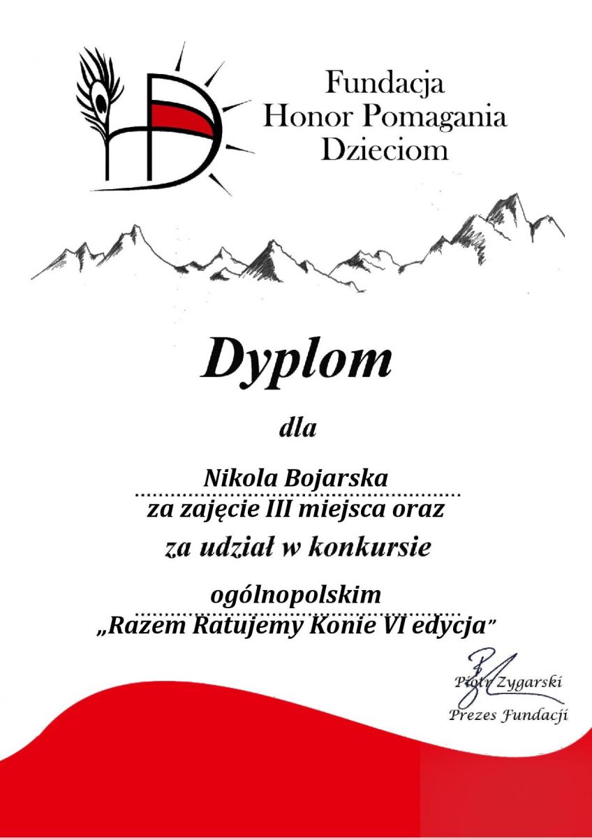 Dyplom dla Nikoli od organizatora za zajęcie 3 miejsca w konkursie