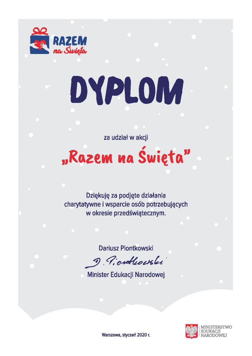 Dyplom za udział w akci razem na święta od D. Piatkowskiego