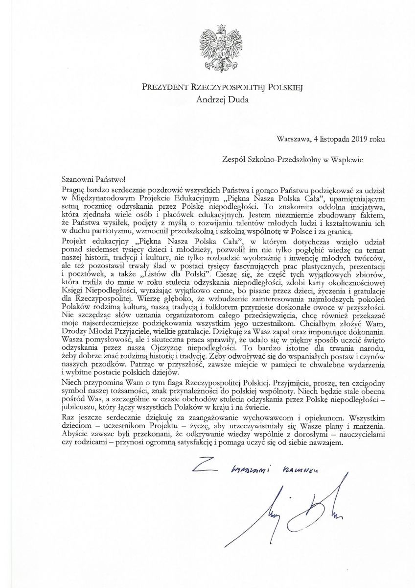 List z podziękowaniem od Prezydenta Rzeczypospolitej Polskiej Andrzeja Dudy za udział w Międzynarodowym projekcie edukacyjnym "Piękna Nasza Polska Cała"