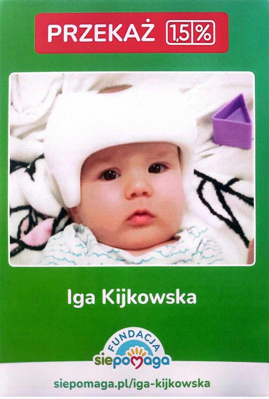 Zdjęcie przedstawia małą dziewczynkę i informację w jaki sposób przekazać 1,5% podatku. Treść: Przekaż 1,5%. Iga Kijkowska. Fundacja siepomaga, adres strony: siepomaga.pl/iga-kijkowska.