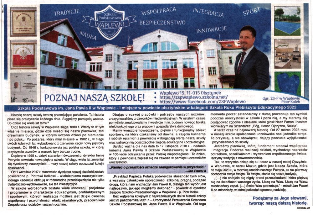 Skan artykułu o szkole z Gazety Olsztyńskiej - alternatywy w formacie pdf lub docx dostępne w odnośnikach poniżej.