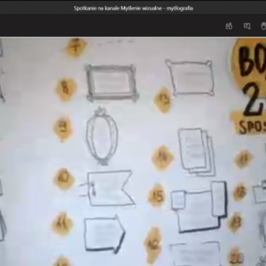 Zrzut ekranu z lekcji online, na którym prowadząca pokazuje kartkę A4 z boxami rysowanymi na 20 sposobów Autor Marta Kuca
