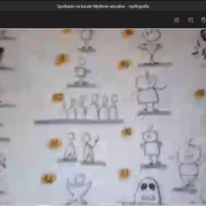 Zrzut ekranu z lekcji online, na którym prowadząca pokazuje kartkę A4 z postaciami rysowanymi na 20 sposobów Autor Marta Kuca