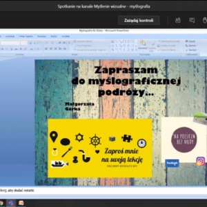 Zrzut ekranu z lekcji online na którym widnieje wizerunek gościa, kobiety prowadzącej zajęcia i udostępniony przez nią slajd prezentacji z tematem zajęć i logo projektu Autor Marta Kuca
