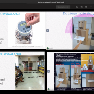 Zrzut ekranu ze spotkania online, na głównym ekranie 4 slajdy prezentacji udostępnionej przez gościa ze zdjęciami niekonwencjonalnych wynalazków (licznik monet, robot przetwarzający makulaturę na papier toaletowy, kolejka ułożona z obuwia Autor Marta Kuca