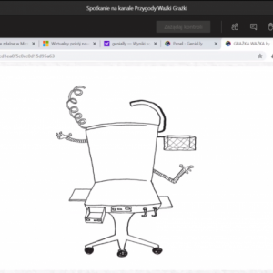 Zrzut ekranu ze spotkania online, na głównym ekranie slajd prezentacji udostępnionej przez gościa z rysunkiem fotela fryzjerskiego z różnorodnymi dodatkowymi gadżetami Autor Marta Kuca