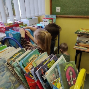 Na zdjęciu dwoje dzieci przeglądających książki.