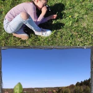 Dziewczynka siedzi na trawie i robi zdjęcie, liścia mniszka lekarskiego. Pod spodem zdjęcie – efekt jej pracy.
