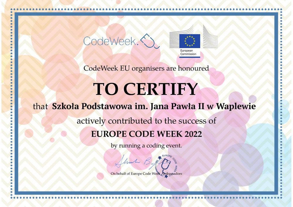 Certyfikat dla Szkoły Podstawowej im. Jana Pawła II w Waplewie za organizację wydarzenia CodeWeek EU 2022