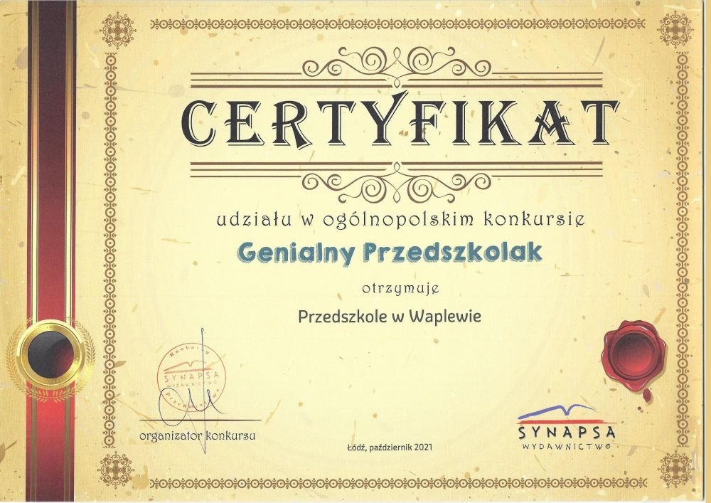 Certyfikat udziału w ogólnopolskim konkursie Genialny Przedszkolak otrzymuje Przedszkole w Waplewie. Organizator konkursu Synapsa.