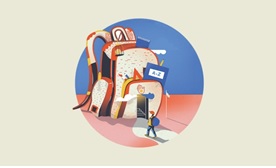 Ilustracja przedstawia logo akcji „Bilet powrotny do biblioteki”. Wizualizacja plecaka jako szkoły z otwartymi drzwiami.