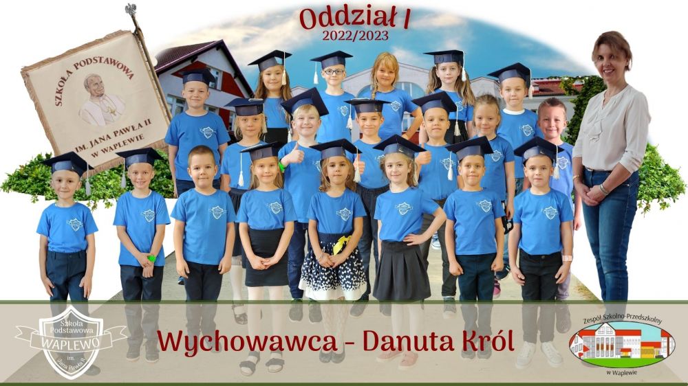 Na tle budynku szkoły 20 uczniów oddziału I  ich wychowawczyni - p. Danuta Król w roku szkolnym 2022/2023.